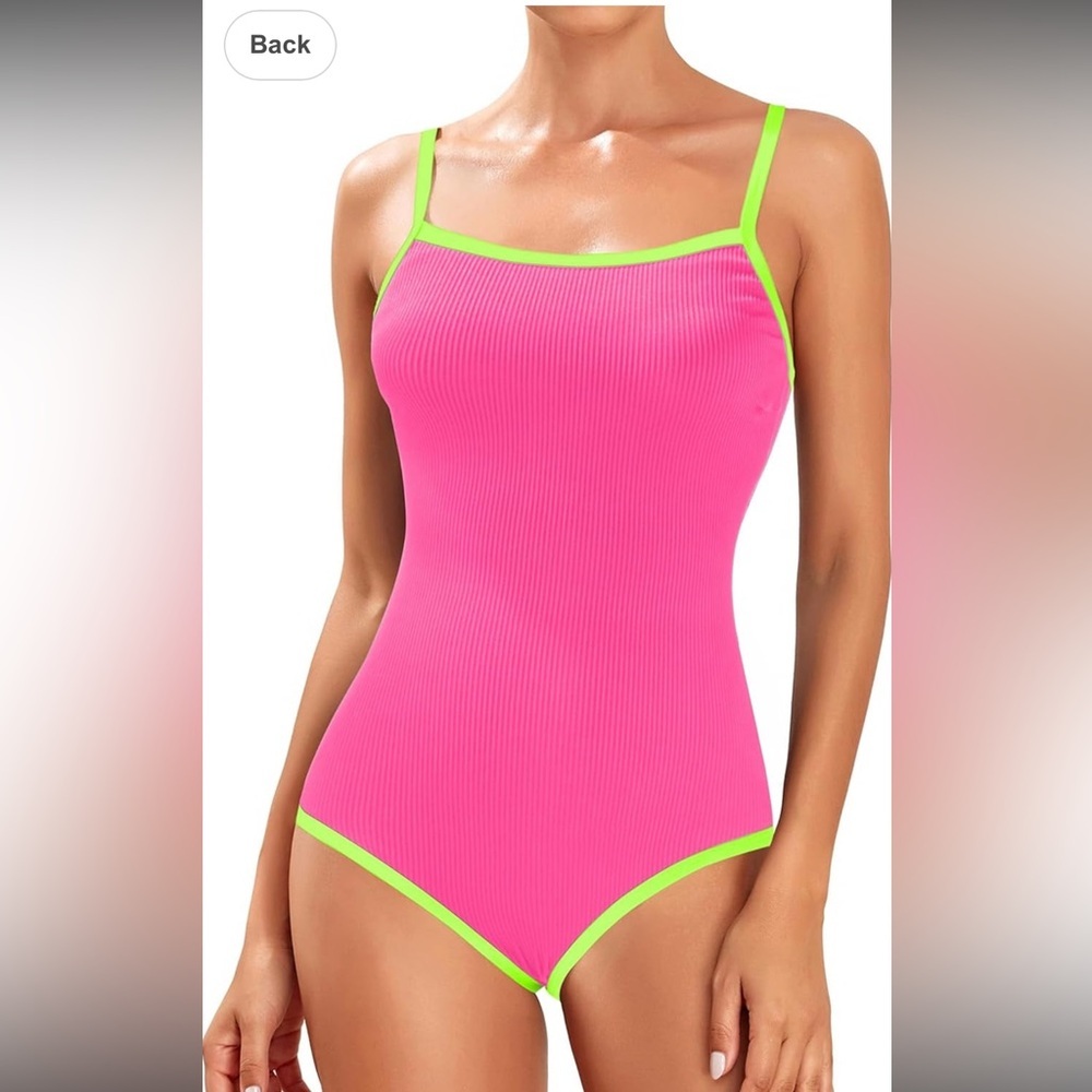 Tempt Me Ribbed Athletic One Piece Swimsuit Pink Green Color Block Size
L NWT